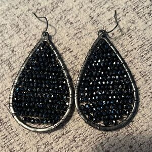 Marlyn Schiff Silver and Black Beaded Teardrop Earrings NWOT